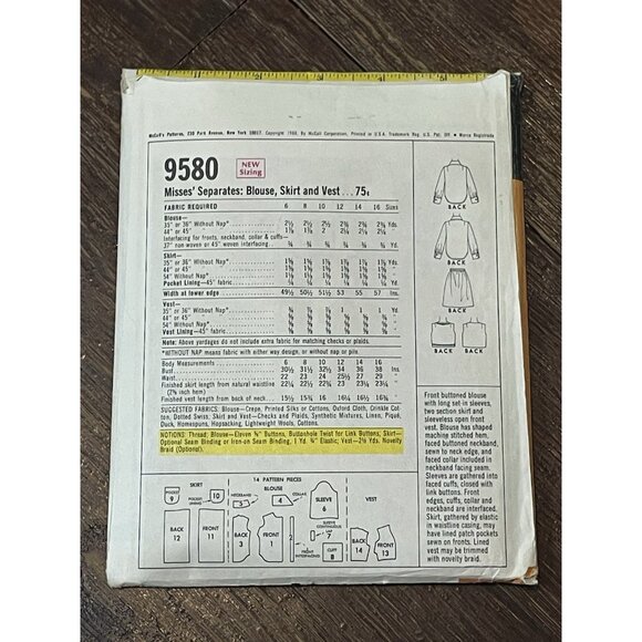 McCall's 9580 Pattern Vintage 1960s Misses Button Up Blouse Skirt Vest Size 12 - Picture 2 of 4